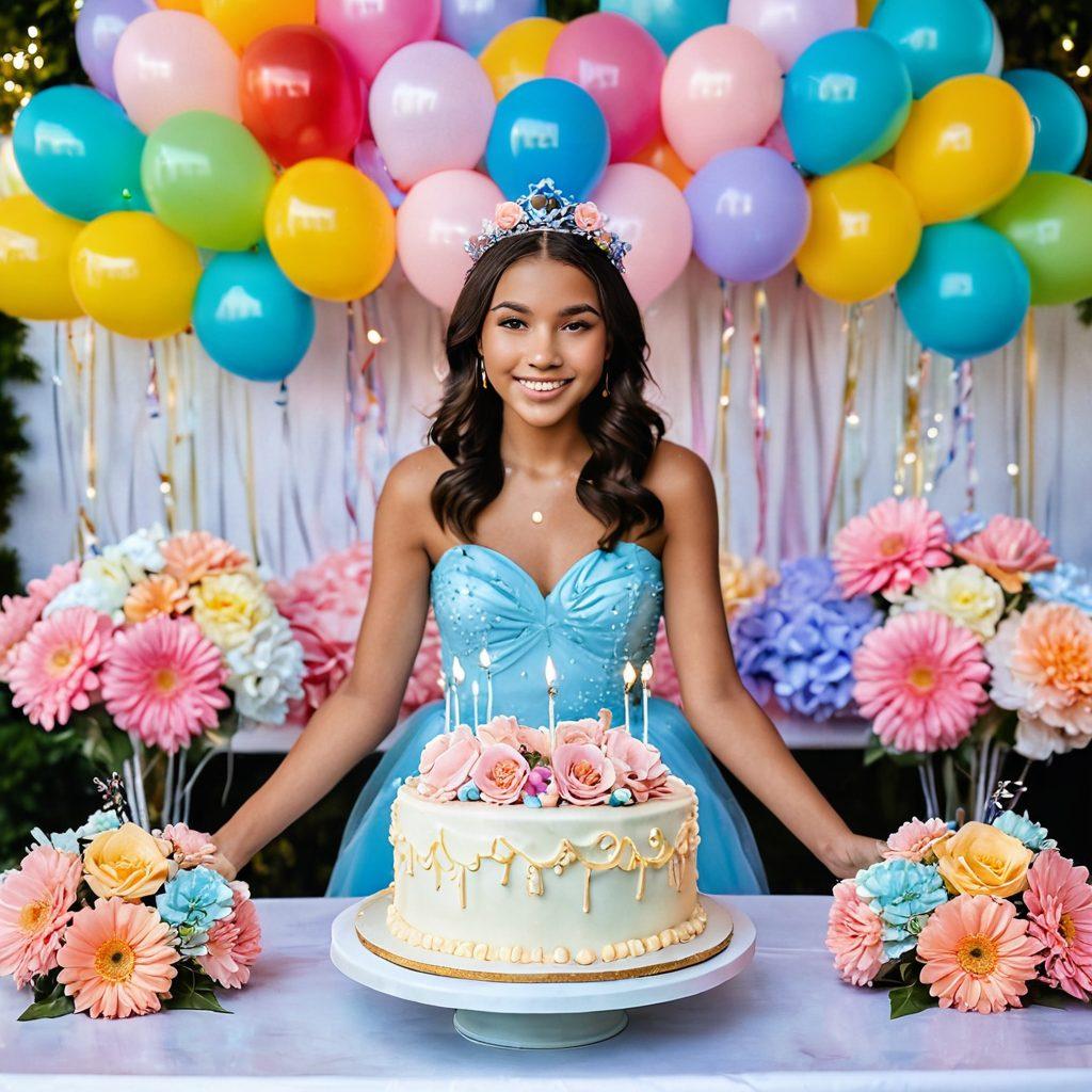 A glamorous Sweet Sixteen party scene featuring a beautifully decorated cake adorned with pastel flowers, colorful balloons, and stylish party decorations. Show a group of joyful teenagers in trendy outfits celebrating, with twinkling fairy lights in the background. Capture the essence of fun and excitement, highlighting a beautiful garden setting. vibrant colors. super-realistic.