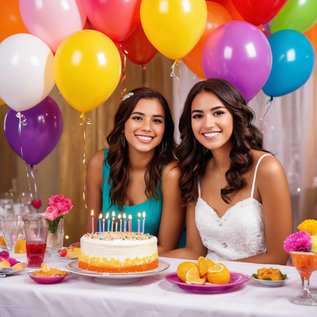 A vibrant celebration scene featuring a beautifully decorated Sweet Sixteen party, with colorful balloons, a stylish cake, and a group of diverse friends sharing laughter and joy. Incorporate elements of food trends like gourmet snacks and trendy drinks on the tables. Capture the essence of friendship with close-ups of smiling faces and heartfelt moments. Create a warm and inviting atmosphere with soft lighting and elegant decorations. vibrant colors. super-realistic.