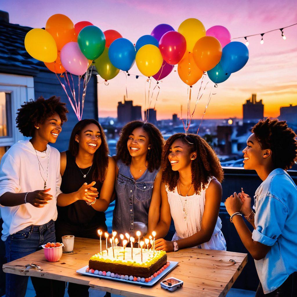 A vibrant celebration scene featuring a group of diverse teenagers enjoying a colorful rooftop party with balloons, fairy lights, and a beautiful sunset in the background. The teens are laughing, dancing, and engaging in various fun activities, symbolizing friendship and lifestyle empowerment. Include elements like a decorated cake and a digital banner with the title of the blog subtly incorporated. Inviting atmosphere, warm colors, youthful energy. vibrant colors. super-realistic.